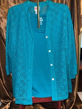 Ruby Rd. Teal Crochet Overlay Tank Set